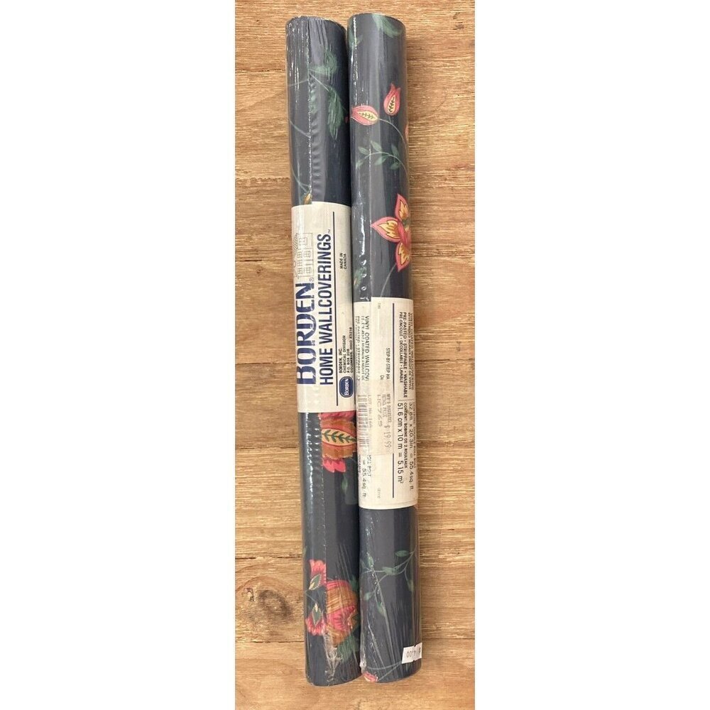 Vintage Borden Vinyl Wallpaper Blue Floral Cottage Core 2 Rolls 55.4 Sq Ft Each